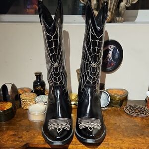 Jeffrey Campbell Black Spider Web Embroidered Women's Leather Boots